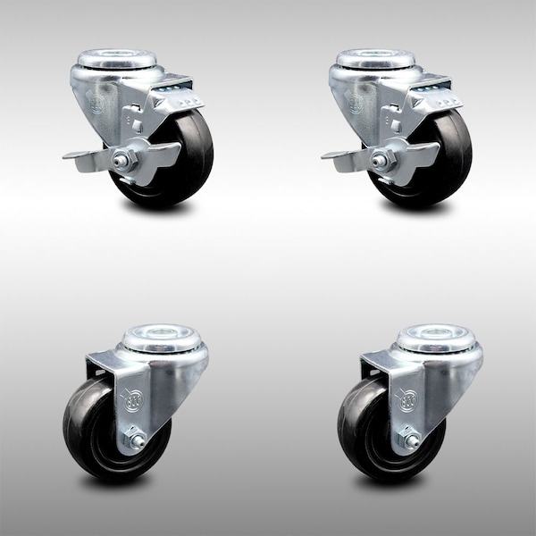 3 Inch SS Hard Rubber Wheel Swivel Bolt Hole Caster Set with 2 Brakes SCC